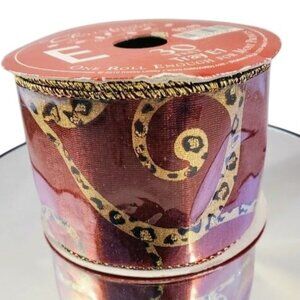 Red Gold Wired Ribbon 30ft Scroll & Leopard Print Accent Christmas Craft Roll